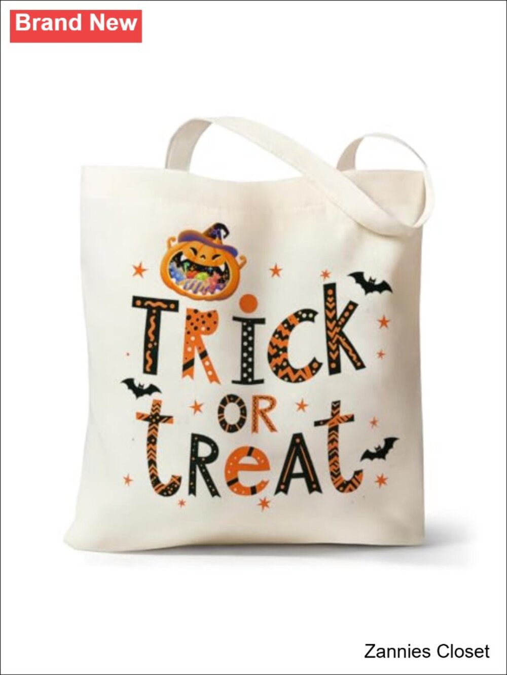 👻 Halloween Canvas Tote Bag Zip Closure Large Trick or Treat Candy Bag